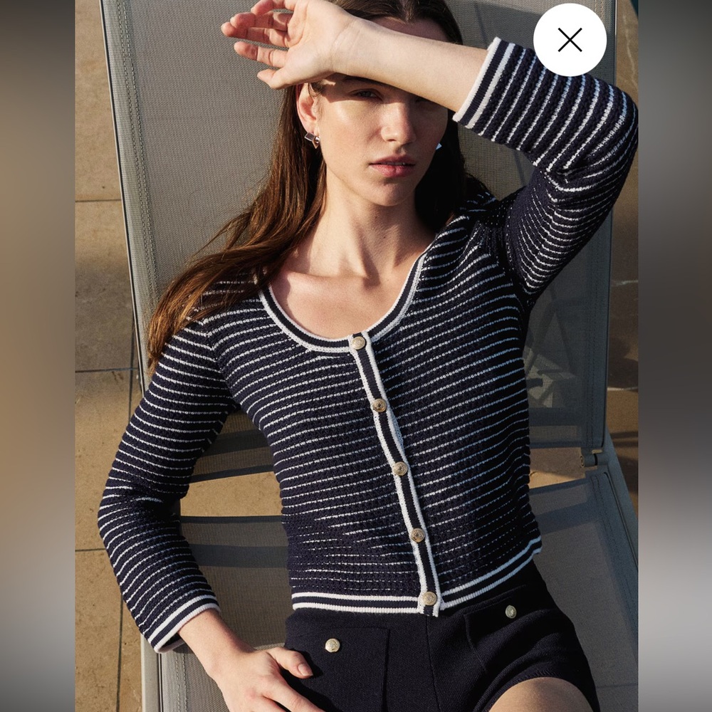 H&M Divided Textured Knit Low Cut Cardigan Blue White Stripes Nautical Pretty L